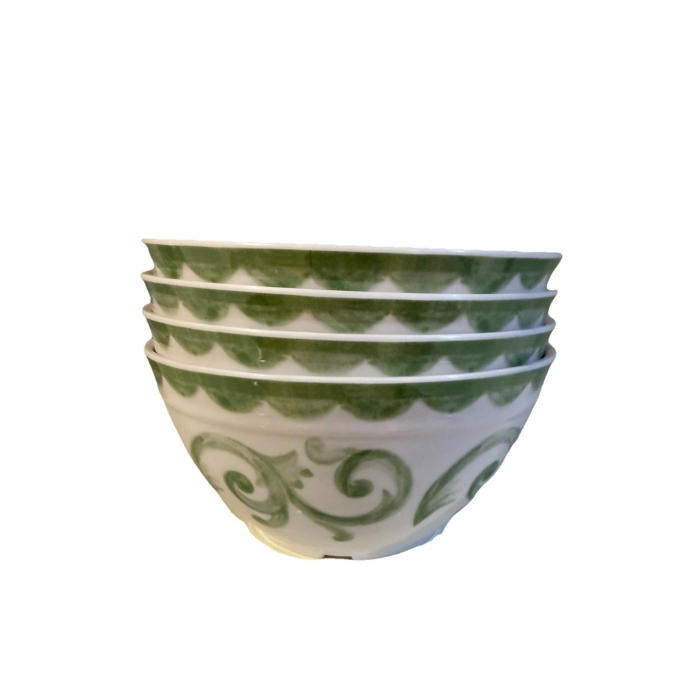 Set of 4 Artisan de Luxe GREEN ROSE SCROLL Melamine Cereal/Salad BOWL Set 6" NEW